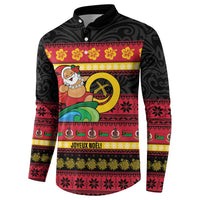 Vanuatu Christmas Button Sweatshirt Joyeux Noel Surfing Santa With Boar Tusk - Polynesian Pride
