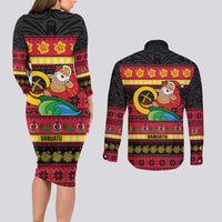 Vanuatu Christmas Couples Matching Long Sleeve Bodycon Dress and Long Sleeve Button Shirt Joyeux Noel Surfing Santa With Boar Tusk - Polynesian Pride