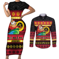 Vanuatu Christmas Couples Matching Short Sleeve Bodycon Dress and Long Sleeve Button Shirt Joyeux Noel Surfing Santa With Boar Tusk - Polynesian Pride