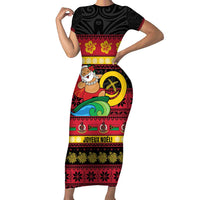 Vanuatu Christmas Short Sleeve Bodycon Dress Joyeux Noel Surfing Santa With Boar Tusk - Polynesian Pride
