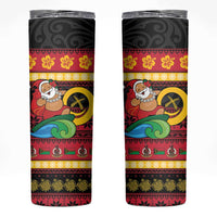 Vanuatu Christmas Skinny Tumbler Joyeux Noel Surfing Santa With Boar Tusk - Polynesian Pride