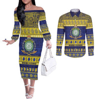 Niue Christmas Couples Matching Off The Shoulder Long Sleeve Dress and Long Sleeve Button Shirt Monuina e Kilisimasi Hiapo Motifs - Polynesian Pride