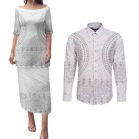 Niue White Sunday Couples Matching Puletasi and Long Sleeve Button Shirt Tapu Fanau Ia Puakenikeni Hiapo Pattern - Polynesian Pride