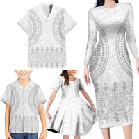 Niue White Sunday Family Matching Long Sleeve Bodycon Dress and Hawaiian Shirt Tapu Fanau Ia Puakenikeni Hiapo Pattern - Polynesian Pride