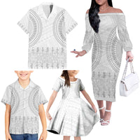 Niue White Sunday Family Matching Off The Shoulder Long Sleeve Dress and Hawaiian Shirt Tapu Fanau Ia Puakenikeni Hiapo Pattern - Polynesian Pride