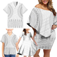 Niue White Sunday Family Matching Off Shoulder Short Dress and Hawaiian Shirt Tapu Fanau Ia Puakenikeni Hiapo Pattern - Polynesian Pride