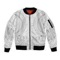 Niue White Sunday Sleeve Zip Bomber Jacket Tapu Fanau Ia Puakenikeni Hiapo Pattern - Polynesian Pride