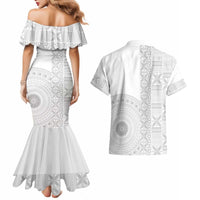 Niue White Sunday Couples Matching Mermaid Dress and Hawaiian Shirt Half Hiapo Pattern Vibes - Polynesian Pride