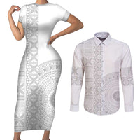Niue White Sunday Couples Matching Short Sleeve Bodycon Dress and Long Sleeve Button Shirt Half Hiapo Pattern Vibes - Polynesian Pride