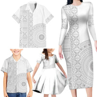 Niue White Sunday Family Matching Long Sleeve Bodycon Dress and Hawaiian Shirt Half Hiapo Pattern Vibes - Polynesian Pride