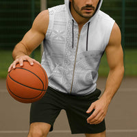 Niue White Sunday Sleeveless Zip Hoodie Half Hiapo Pattern Vibes - Polynesian Pride