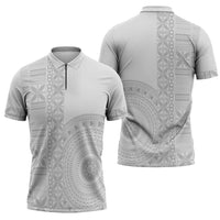 Niue White Sunday Zipper Polo Shirt Half Hiapo Pattern Vibes - Polynesian Pride