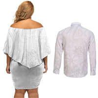 Tapu Fanau Ia Niue Couples Matching Off Shoulder Short Dress and Long Sleeve Button Shirt Happy White Sunday Unique Hiapo - Polynesian Pride