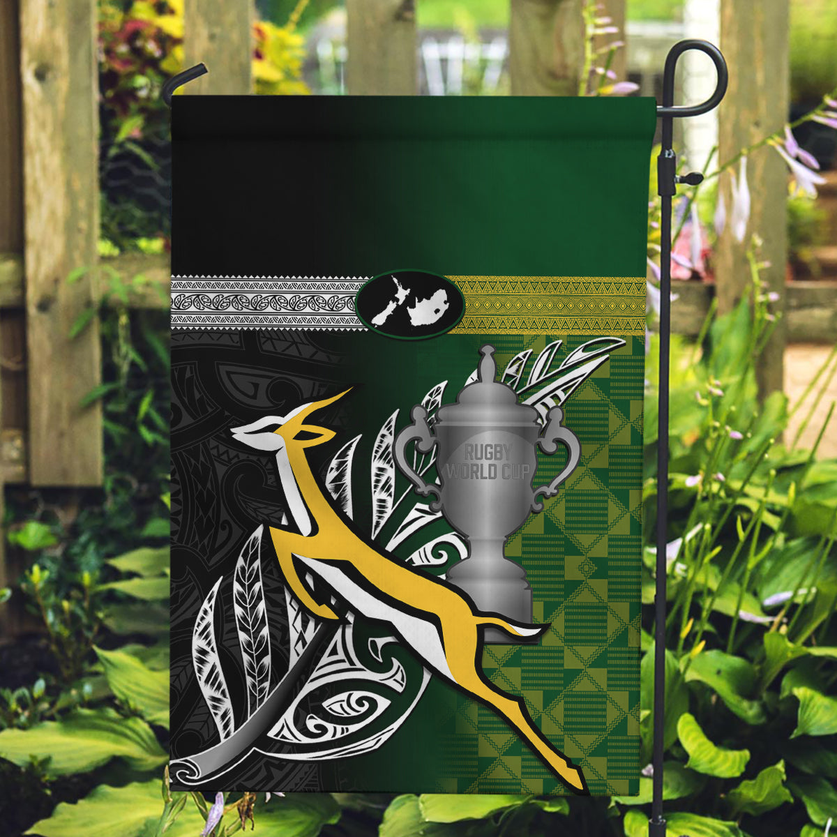 New Zealand and South Africa Rugby Garden Flag 2023 World Cup Final All Black Springboks Together LT14 Garden Flag Black - Polynesian Pride