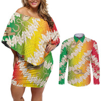 Vanuatu Cowboy Couples Matching Off Shoulder Short Dress and Long Sleeve Button Shirt Straw Hats Hibiscus With Sand Drawing - Polynesian Pride