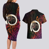Vanuatu Boar Cowboy Couples Matching Long Sleeve Bodycon Dress and Hawaiian Shirt Tusk Gradient Polynesian Pattern - Polynesian Pride