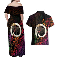 Vanuatu Boar Cowboy Couples Matching Off Shoulder Maxi Dress and Hawaiian Shirt Tusk Gradient Polynesian Pattern - Polynesian Pride