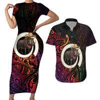 Vanuatu Boar Cowboy Couples Matching Short Sleeve Bodycon Dress and Hawaiian Shirt Tusk Gradient Polynesian Pattern - Polynesian Pride