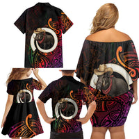 Vanuatu Boar Cowboy Family Matching Off Shoulder Short Dress and Hawaiian Shirt Tusk Gradient Polynesian Pattern - Polynesian Pride