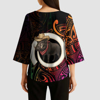 Vanuatu Boar Cowboy Kimono Sleeve Blouse Tusk Gradient Polynesian Pattern - Polynesian Pride
