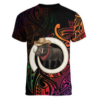 Vanuatu Boar Cowboy Women V-Neck T-Shirt Tusk Gradient Polynesian Pattern - Polynesian Pride