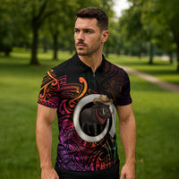 Vanuatu Boar Cowboy Zipper Polo Shirt Tusk Gradient Polynesian Pattern - Polynesian Pride