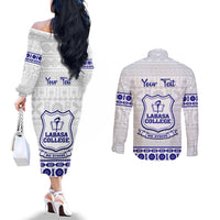 Personalised Fiji Labasa College Couples Matching Off The Shoulder Long Sleeve Dress and Long Sleeve Button Shirt Fijian Tapa Pattern LT14 - Polynesian Pride