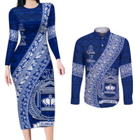 Personalised Fiji Queen Victoria School Couples Matching Long Sleeve Bodycon Dress and Long Sleeve Button Shirt Fijian Tapa Pattern LT14 Blue - Polynesian Pride