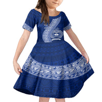 Personalised Fiji Queen Victoria School Family Matching Puletasi Dress and Hawaiian Shirt Fijian Tapa Pattern LT14 Daughter's Dress Blue - Polynesian Pride