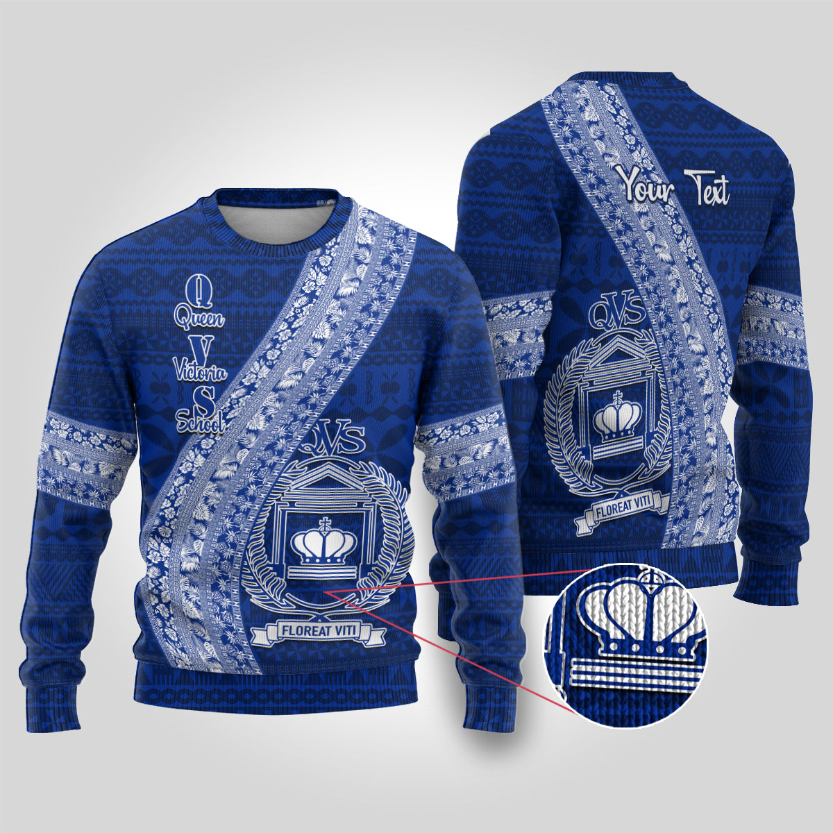 Personalised Fiji Queen Victoria School Ugly Christmas Sweater Fijian Tapa Pattern LT14 Blue - Polynesian Pride