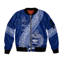 Personalised Fiji Queen Victoria School Sleeve Zip Bomber Jacket Fijian Tapa Pattern LT14 Unisex Blue - Polynesian Pride