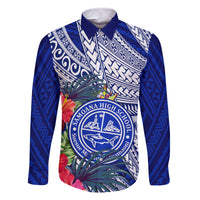 Personalised Samoana High School Family Matching Long Sleeve Bodycon Dress and Hawaiian Shirt American Samoa Schools Polynesian Tropical Flowers LT14 Dad's Shirt - Long Sleeve Blue - Polynesian Pride
