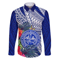 Personalised Samoana High School Family Matching Puletasi Dress and Hawaiian Shirt American Samoa Schools Polynesian Tropical Flowers LT14 Dad's Shirt - Long Sleeve Blue - Polynesian Pride