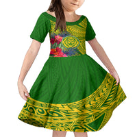 Personalised Leone High School Family Matching Off Shoulder Short Dress and Hawaiian Shirt American Samoa Schools Polynesian Tropical Flowers LT14 Daughter's Dress Green - Polynesian Pride