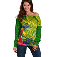 Personalised Leone High School Off Shoulder Sweater American Samoa Schools Polynesian Tropical Flowers LT14 Women Green - Polynesian Pride