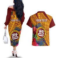 Personalised Tafuna High School Couples Matching Off The Shoulder Long Sleeve Dress and Hawaiian Shirt American Samoa Schools Polynesian Tropical Flowers LT14 - Polynesian Pride
