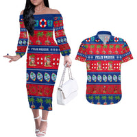 Personalised Guam Christmas Couples Matching Off The Shoulder Long Sleeve Dress and Hawaiian Shirt Felis Pasgua LT14 Blue - Polynesian Pride
