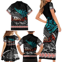 Personalised New Zealand Waka Family Matching Short Sleeve Bodycon Dress and Hawaiian Shirt Aotearoa Maori Silver Fern Pattern LT14 - Polynesian Pride