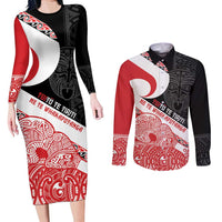 Toitu Te Tiriti Me Te Whakaputanga Couples Matching Long Sleeve Bodycon Dress and Long Sleeve Button Shirt Maori Wahaika With Haka Face