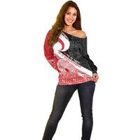 Toitu Te Tiriti Me Te Whakaputanga Off Shoulder Sweater Maori Wahaika With Haka Face