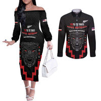 Personalised Toitu Te Tiriti Mana Maori Motuhake Couples Matching Off The Shoulder Long Sleeve Dress and Long Sleeve Button Shirt Aotearoa Haka Face Mix Poutama Art
