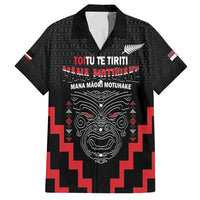 Personalised Toitu Te Tiriti Mana Maori Motuhake Family Matching Off Shoulder Maxi Dress and Hawaiian Shirt Aotearoa Haka Face Mix Poutama Art LT14 Dad's Shirt - Short Sleeve Black - Polynesian Pride