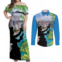 Personalised Honolulu Aloha Hawaii Couples Matching Off Shoulder Maxi Dress and Long Sleeve Button Shirt Tropical Leaves With Hula Girl LT14 Blue - Polynesian Pride