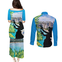 Personalised Honolulu Aloha Hawaii Couples Matching Puletasi and Long Sleeve Button Shirt Tropical Leaves With Hula Girl LT14 - Polynesian Pride