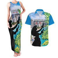 Personalised Honolulu Aloha Hawaii Couples Matching Tank Maxi Dress and Hawaiian Shirt Tropical Leaves With Hula Girl LT14 Blue - Polynesian Pride