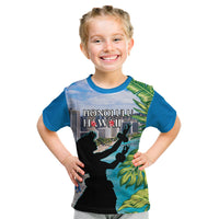 Personalised Honolulu Aloha Hawaii Kid T Shirt Tropical Leaves With Hula Girl LT14 Blue - Polynesian Pride