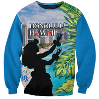 Personalised Honolulu Aloha Hawaii Sweatshirt Tropical Leaves With Hula Girl LT14 Unisex Blue - Polynesian Pride
