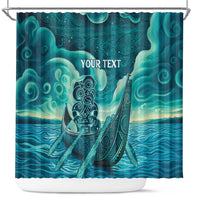 Personalised New Zealand Waitangi Day Shower Curtain Hei Tiki With Maori Waka - Whakarare Pattern LT14 Dark Cyan - Polynesian Pride
