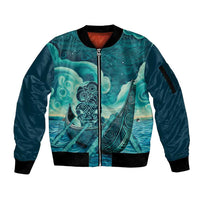 Personalised New Zealand Waitangi Day Sleeve Zip Bomber Jacket Hei Tiki With Maori Waka - Whakarare Pattern LT14 Unisex Dark Cyan - Polynesian Pride