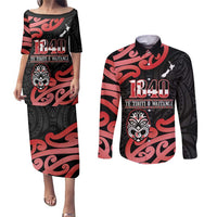 New Zealand 1840 Waitangi Day Couples Matching Puletasi and Long Sleeve Button Shirt Aotearoa Haka Mask - Red Version LT14 Red - Polynesian Pride